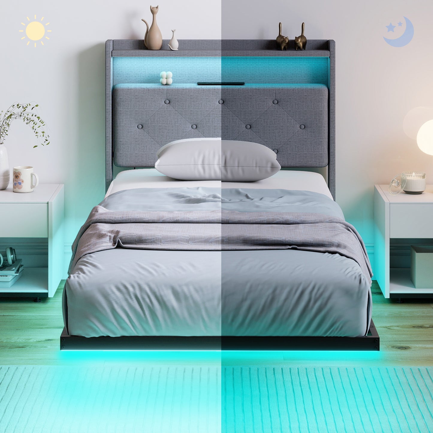 HOMCOM Floating Bed Frame, Upholstered 3ft Single Size Bed, Platform Bed with RGB LED Lights and Charging Station, Grey