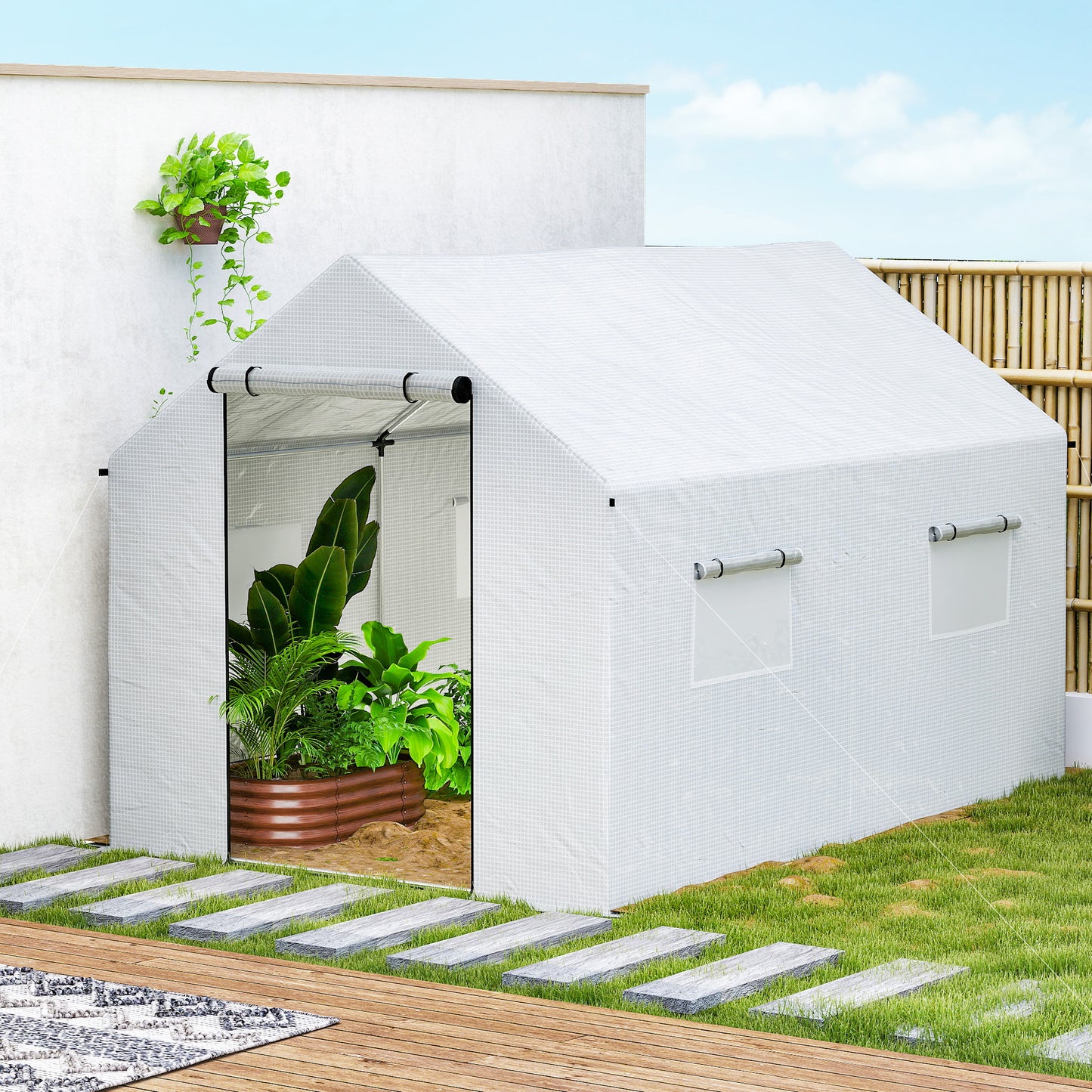 Outsunny Polyethylene Walk-in Polytunnel Greenhouse with Roll-up door and UV-resistant plastic cover, 2 x 3(m), White
