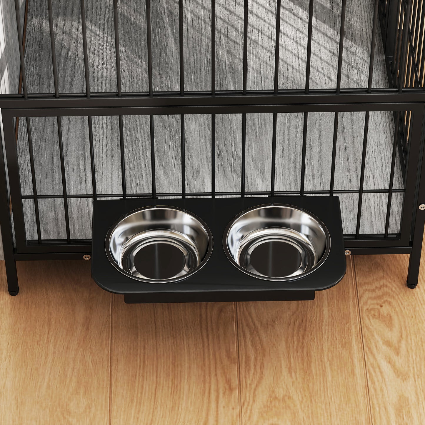 PawHut Dog Crate Furniture with Rotating Bowl Holder, 2 Bowls, 2 Doors, for Medium Dogs, 80 x 56 x 76.5 cm, Grey