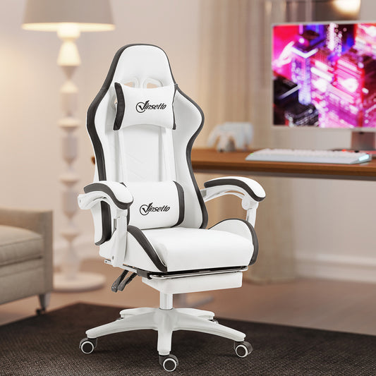Vinsetto Ergonomic Computer Gaming Chair, PU Leather Office Desk Chair with Footrest, Swivel Wheels, 135° Reclining Back, Lumbar Support, Headrest for Home, White and Black