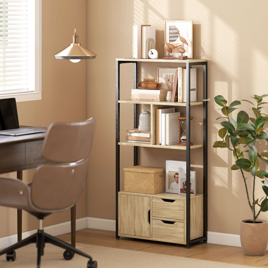 HOMCOM 4-Tier Bookcase, Bookshelf with 1 Cabinet and 2 Drawers for Living Room, Bedroom, Study, Natural Wood