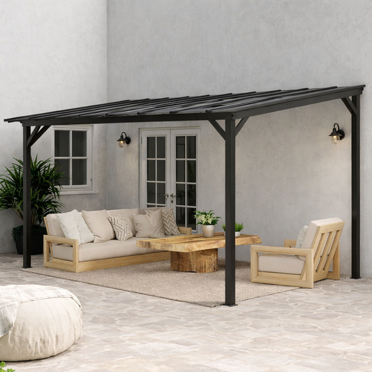 Outsunny 3 x 4.3 m Lean to Pergola with UPF 50+ Waterproof Polycarbonate Roof, Wall-Mounted or Free Standing Hardtop Roof Garden Metal Pergola Gazebo, Heavy Duty Outdoor Sun Shade, Dark Grey--ChewyGames-ChewyGames