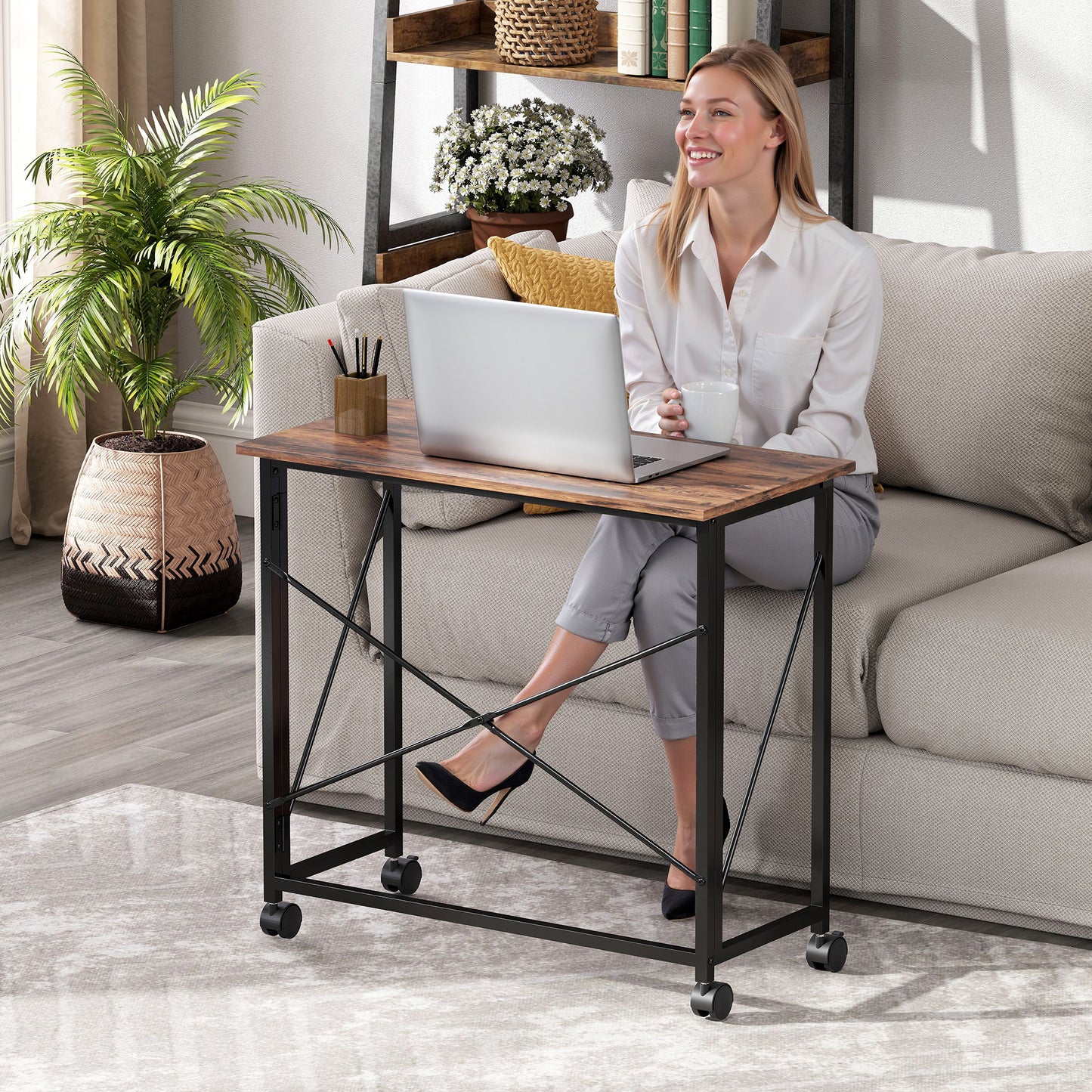 HOMCOM 80 cm Folding Desk on Wheels - Rustic Brown