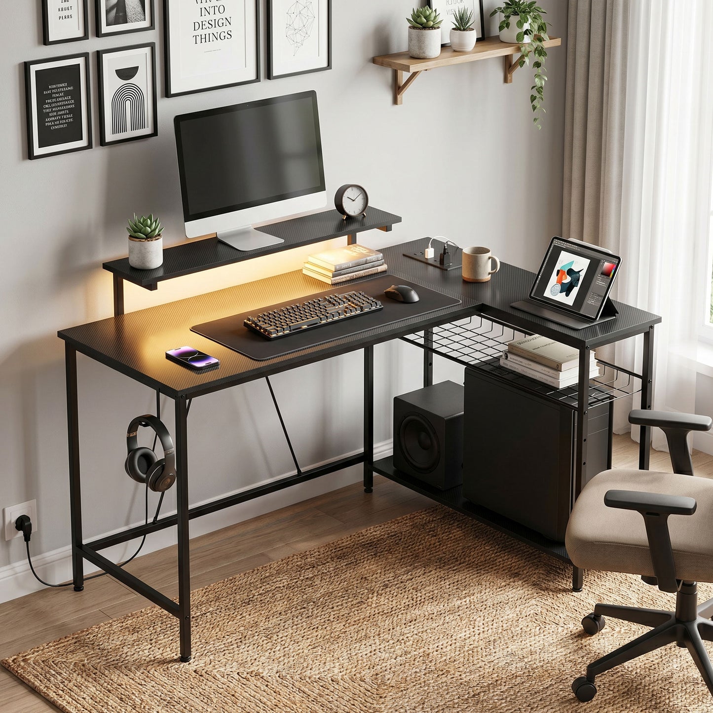 HOMCOM Reversible 'L' LED Light Gaming/Work Desk - Black