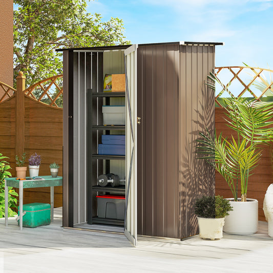 Outsunny 5ft x 3ft Garden Storage Shed, Galvanised Outdoor Metal Shed Waterproof with Sloped Roof, Lockable Door for Patio Tools, Equipment, Brown