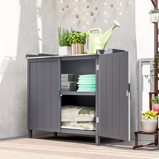 Outsunny Wood Garden Storage Cabinet, Outdoor Tool Shed, Potting Bench Table with galvanised Top and Two Shelves for garden Tools or Pool Accessories, Grey