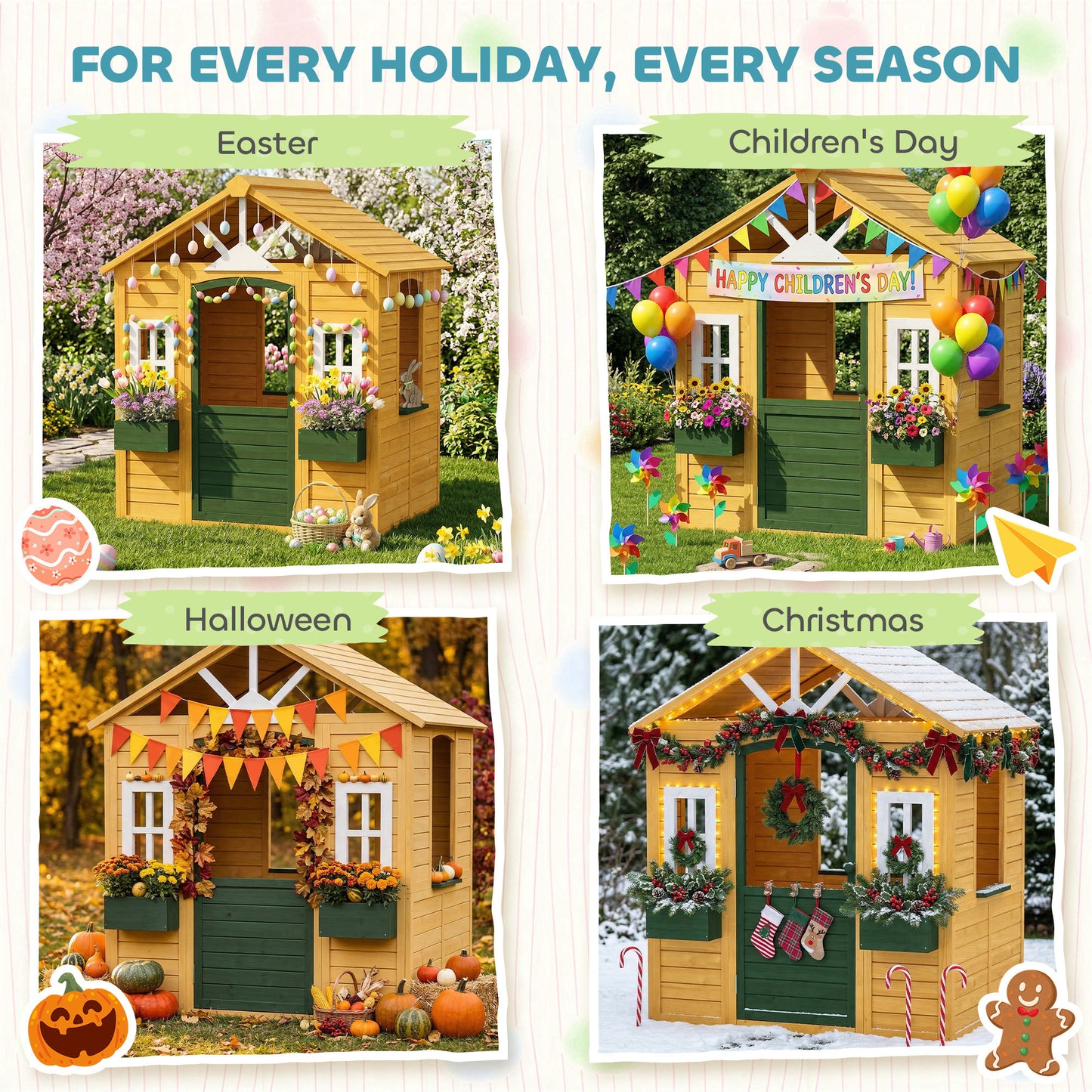 AIYAPLAY Outdoor Kids Playhouse, Wooden Wendy House with Door, 3 Windows, 2 Flower Boxes for Garden, Indoor Playroom