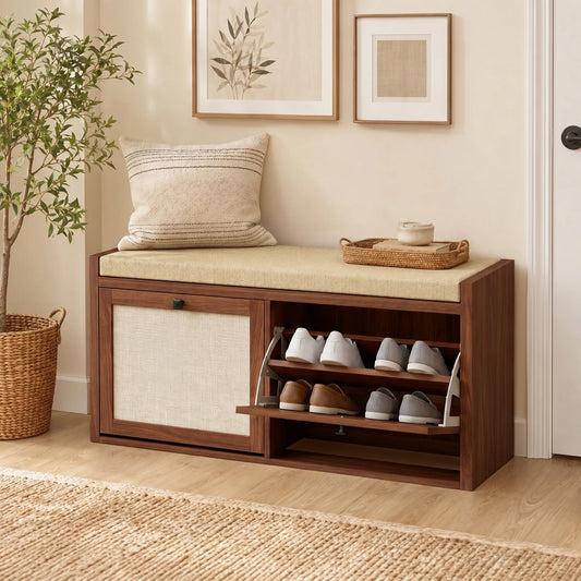 HOMCOM Rattan Shoe Bench with Padded Cushion and 2 Cabinets for Hidden Storage, Brown