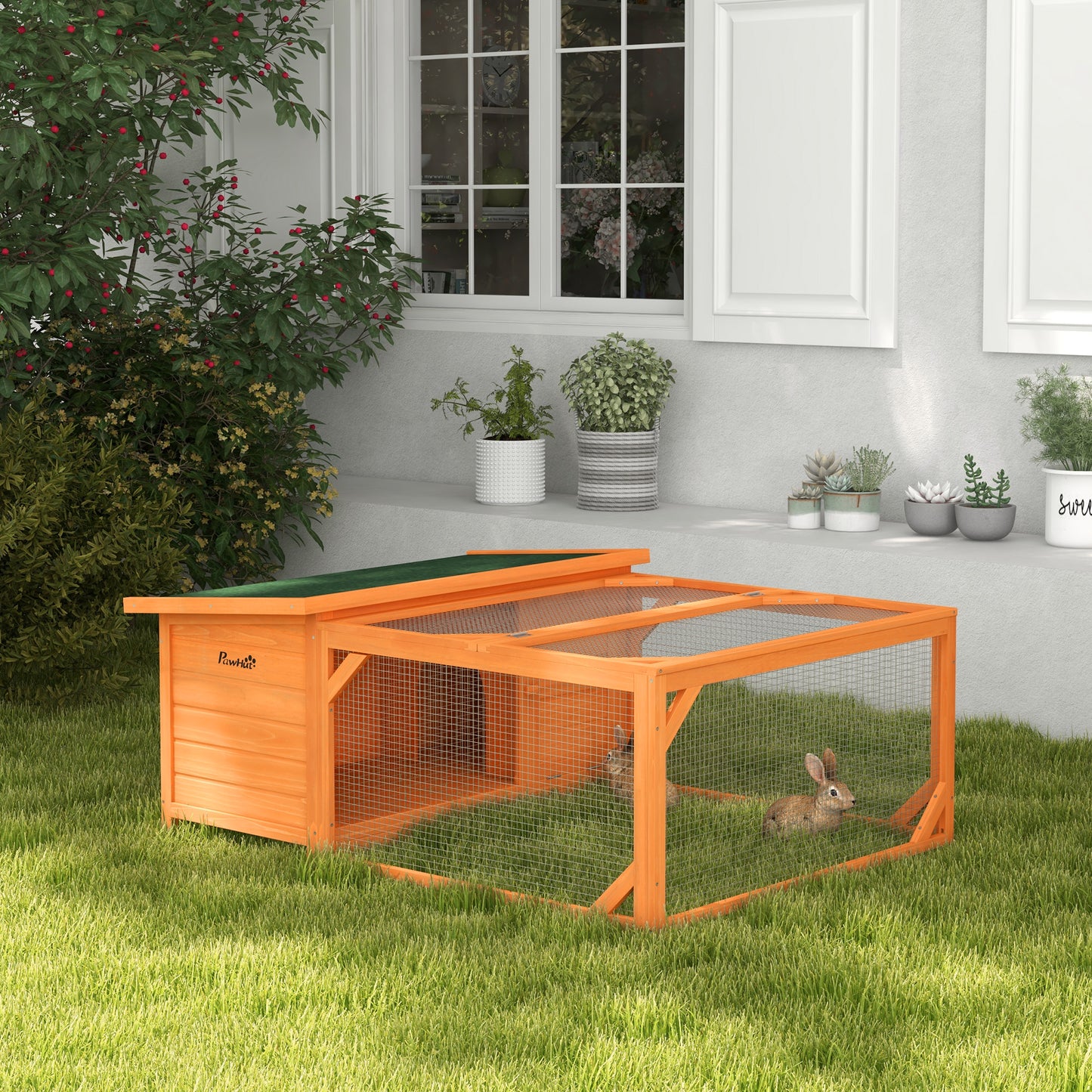 PawHut Rabbit Hutch Outdoor Guinea Pig Hutch with Run Small Animal Off-ground Duck House Hideaway Garden with Openable Roof 125.5 x 100 x 49cm Orange