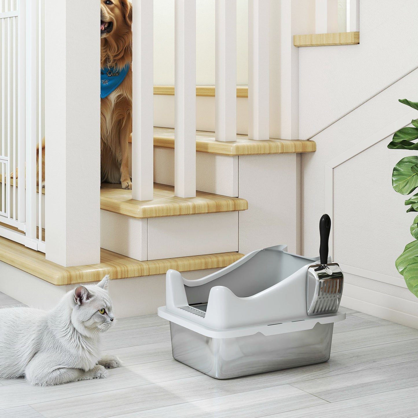 PawHut Stainless Steel Cat Litter Box with High Sides, Metal Scoop, 43 x 33 x 25 cm