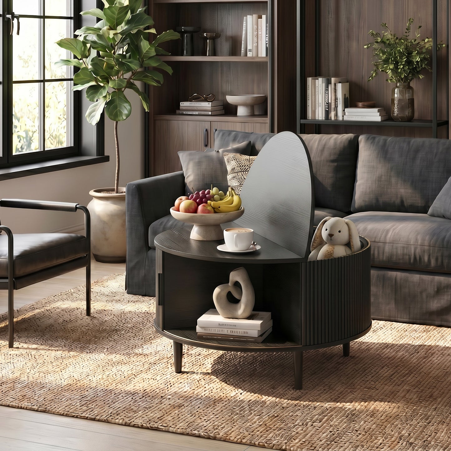 HOMCOM Coffee Table with Lift Top and Hidden Storage, Round Centre Table with Fluted Sliding Door, 80 cm, Black Wood Effect