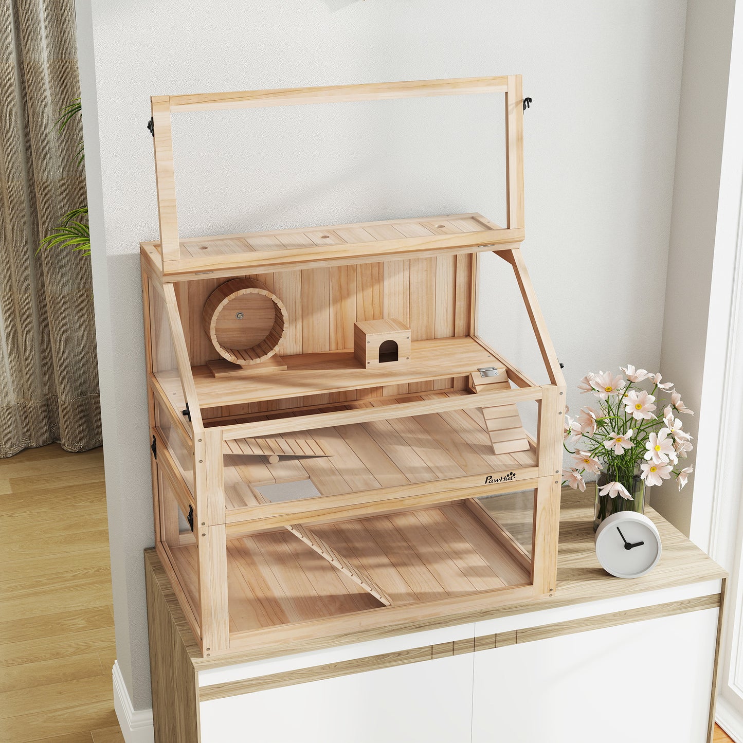 PawHut Wooden Hamster Cage with Detachable 31cm Deep Bottom, Hut, Seesaw, Exercise Wheel, Ramp, 80 x 50 x 76cm, Natural