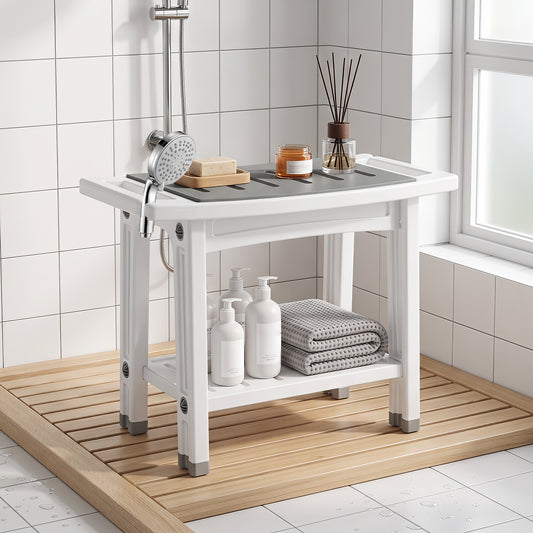HOMCOM Shower Bench 2-Tier Shower Stool Bathroom with Shelf White and Grey
