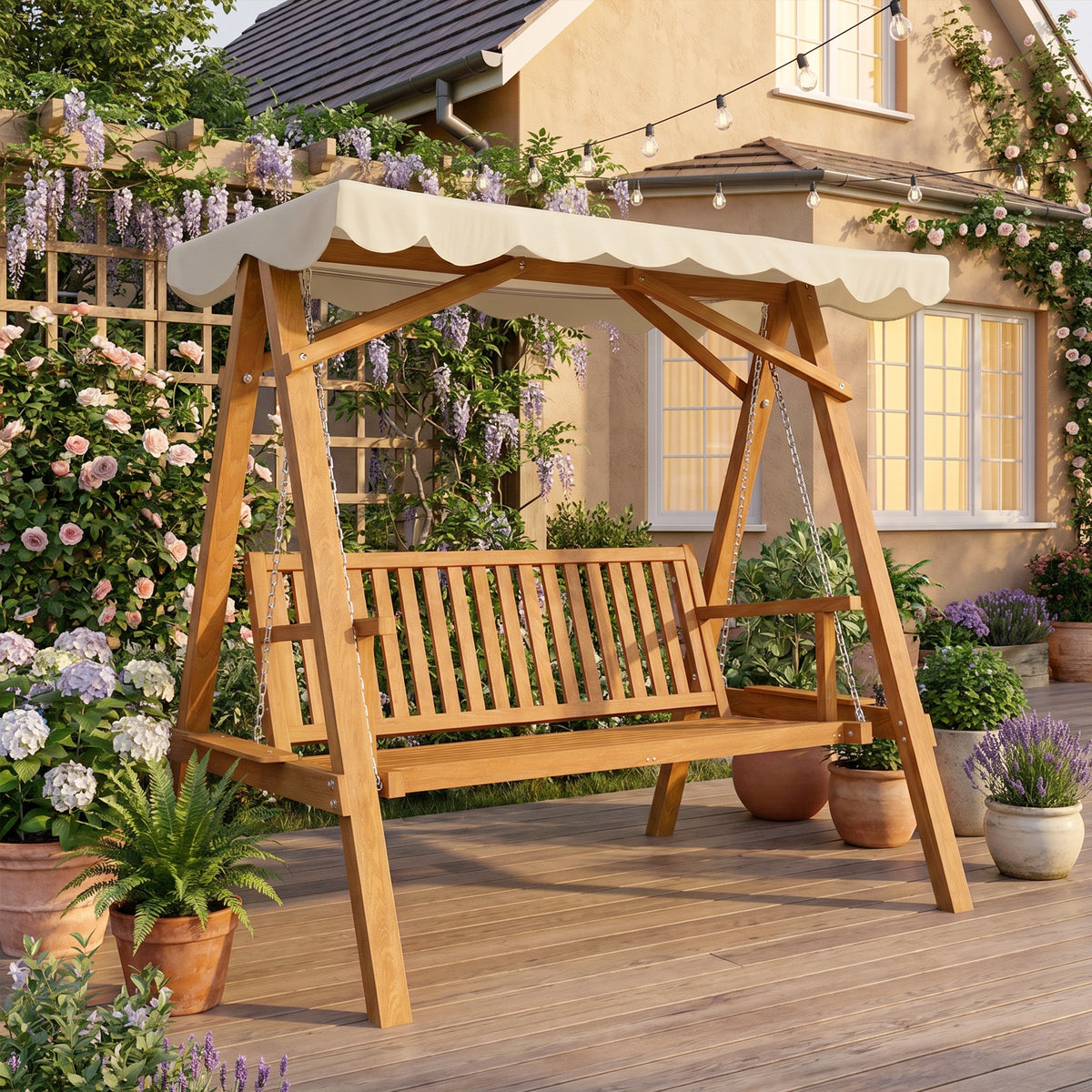 Outsunny 3 Seater Garden Swing Seat with Canopy, Wooden Swing Chair, Outdoor Hammock Bench for Balcony Patio Porch, Cream White