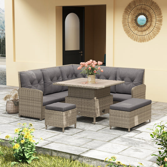 Outsunny 6 Pieces Outdoor PE Rattan Garden Furniture, Patio Wicker Sectional Conversation Corner Sofa with Soft Padded Cushion and Liftable Coffee Table, 123 x 55 x 84 cm, Light Grey
