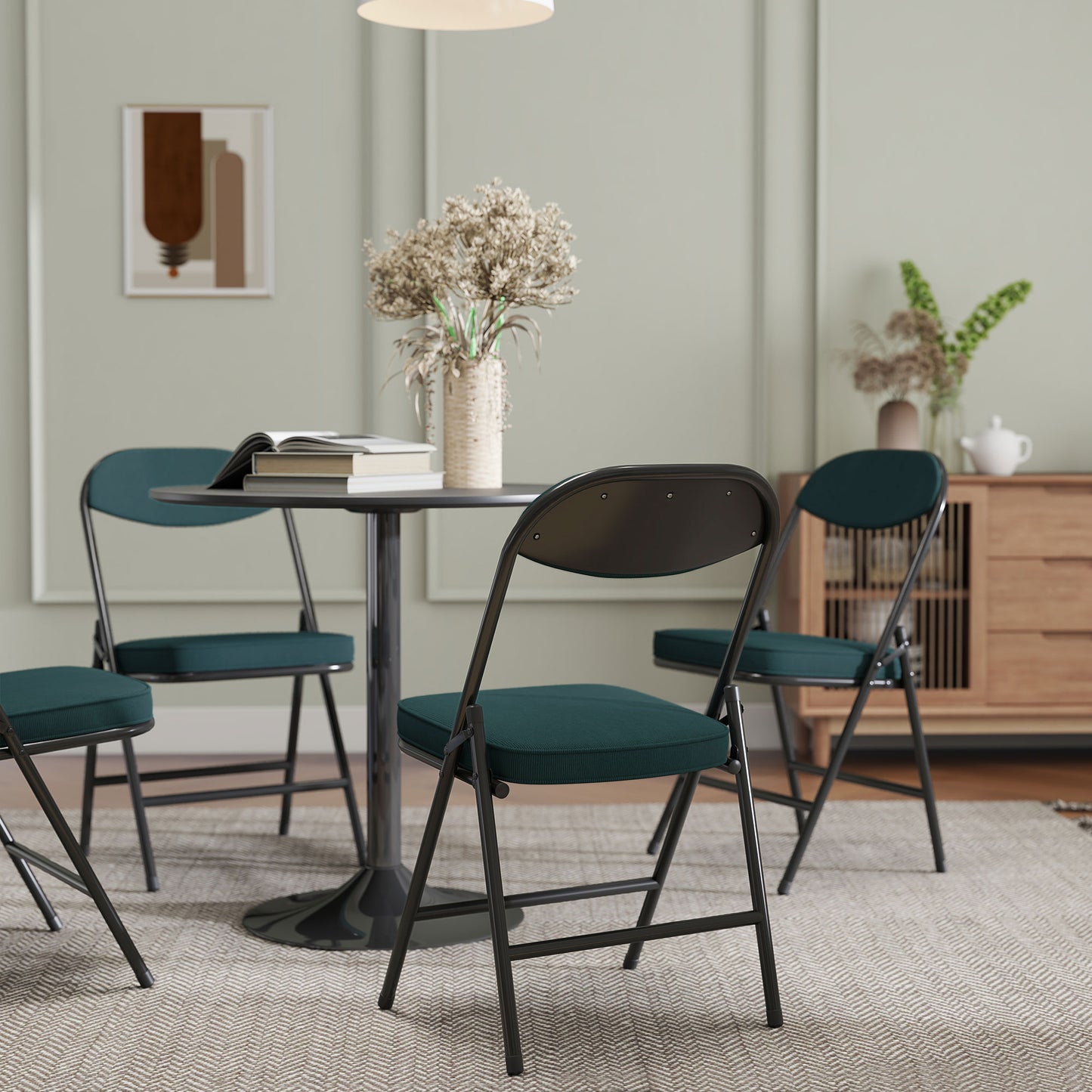 HOMCOM Set of Four Folding Corduroy Seat Chairs - Teal