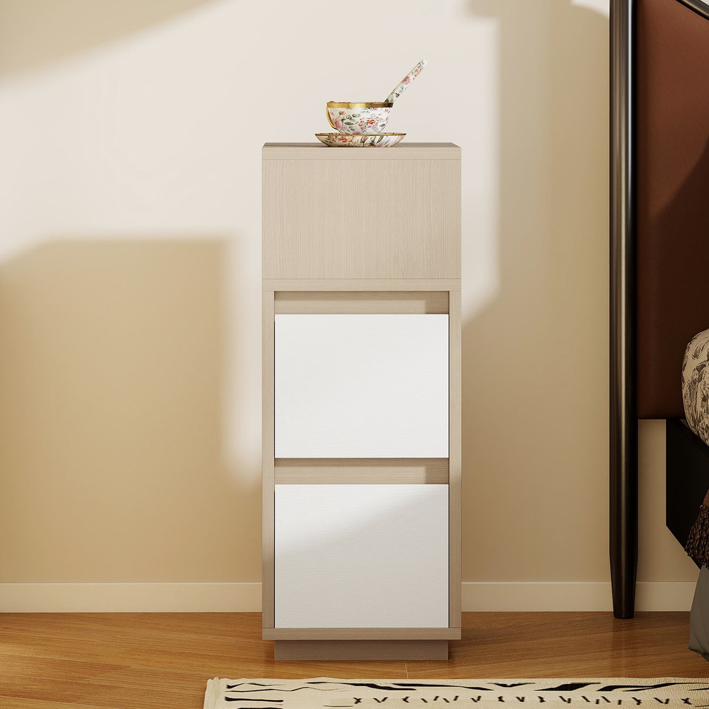 HOMCOM Slim Bedside Table, Narrow Bedside Cabinet with Open Shelf and 2 Drawers for Bedroom, Living Room, Natural Wood Finish