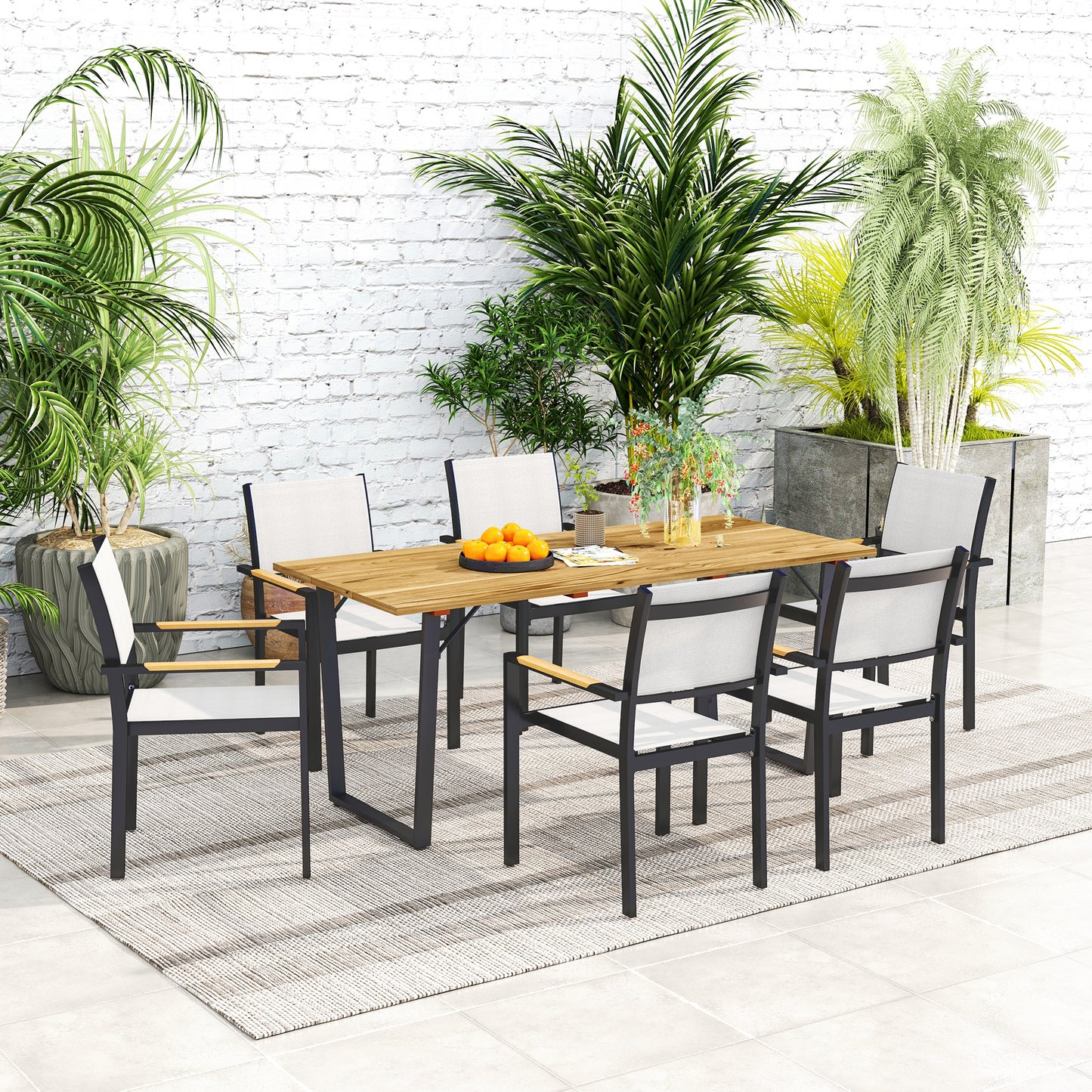 Outsunny 6 Seater Wooden Garden Dining Table, 175 x 80 cm Rectangular Outdoor Dining Table with 5cm Parasol Hole and Slatted Top, Weather Resistant for Patio, Terrace, Brown