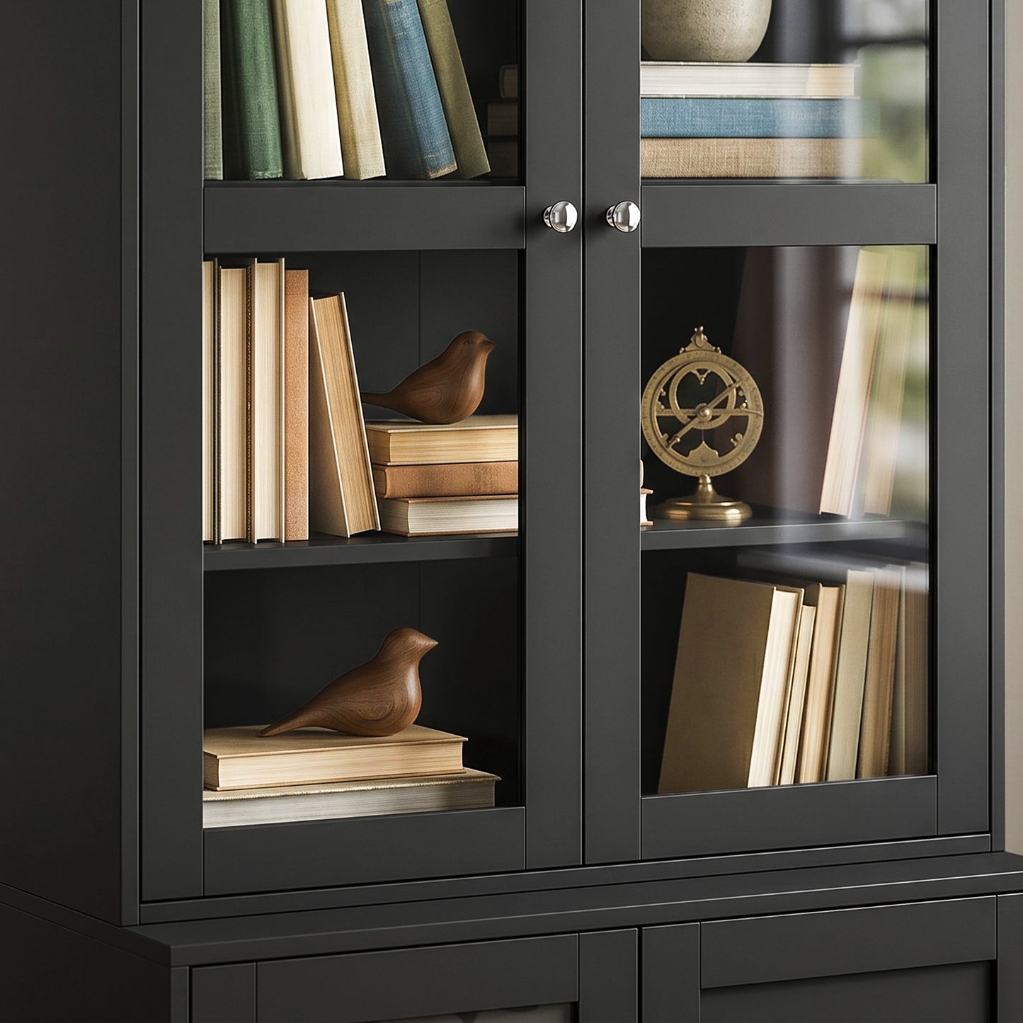 HOMCOM Modern Bookcase Display Storage Unit with Glass Doors Adjustable Shelves, Black