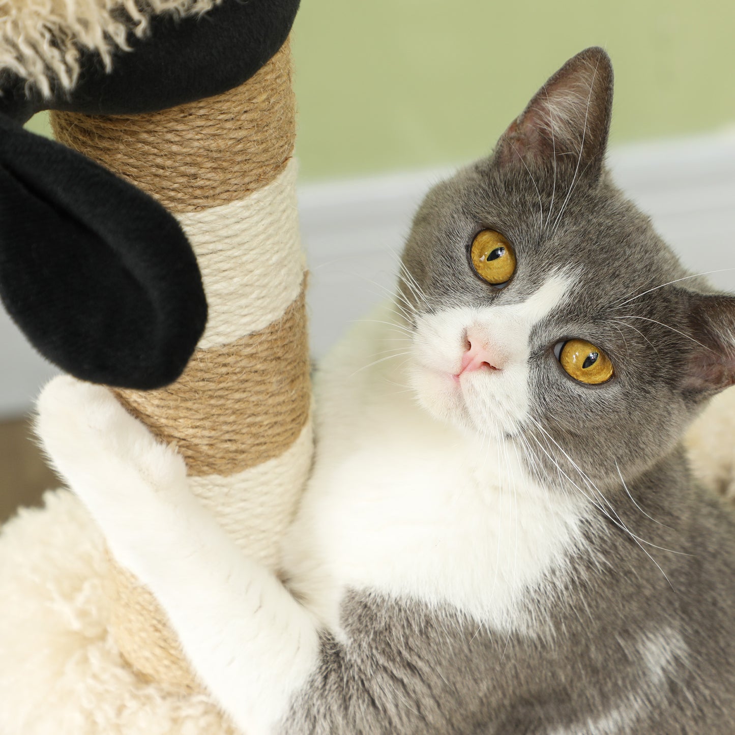 PawHut Cat Tree Sheep Design, 98 cm Multi-Level Cat Tower with Scratching Posts, Tunnel & Play Ball, Light Brown