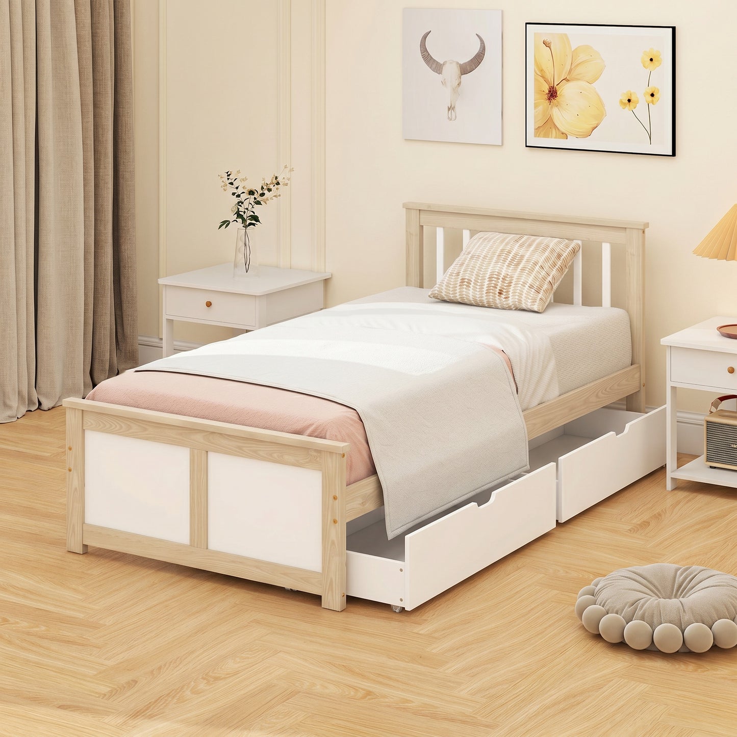 HOMCOM Pine Storage Bed, 3ft Single Solid Wooden Bed Frame with Drawers, Headboard, Wood Slat Support, Natural Wood Finish