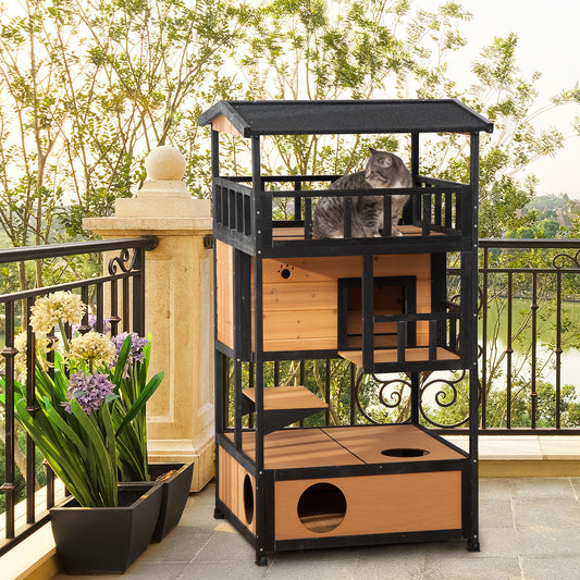 PawHut Wooden Outdoor Cat House, 3-Tier Cat Shelter with Tilted Roof, Terrace, Jump Step, Bottom Tray, Yellow