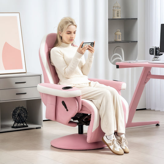 HOMCOM Manual Recliner Armchair PU Leather Lounge Chair w Adjustable Leg Rest, 135° Reclining Function, 360° Swivel, Pink--ChewyGames-ChewyGames