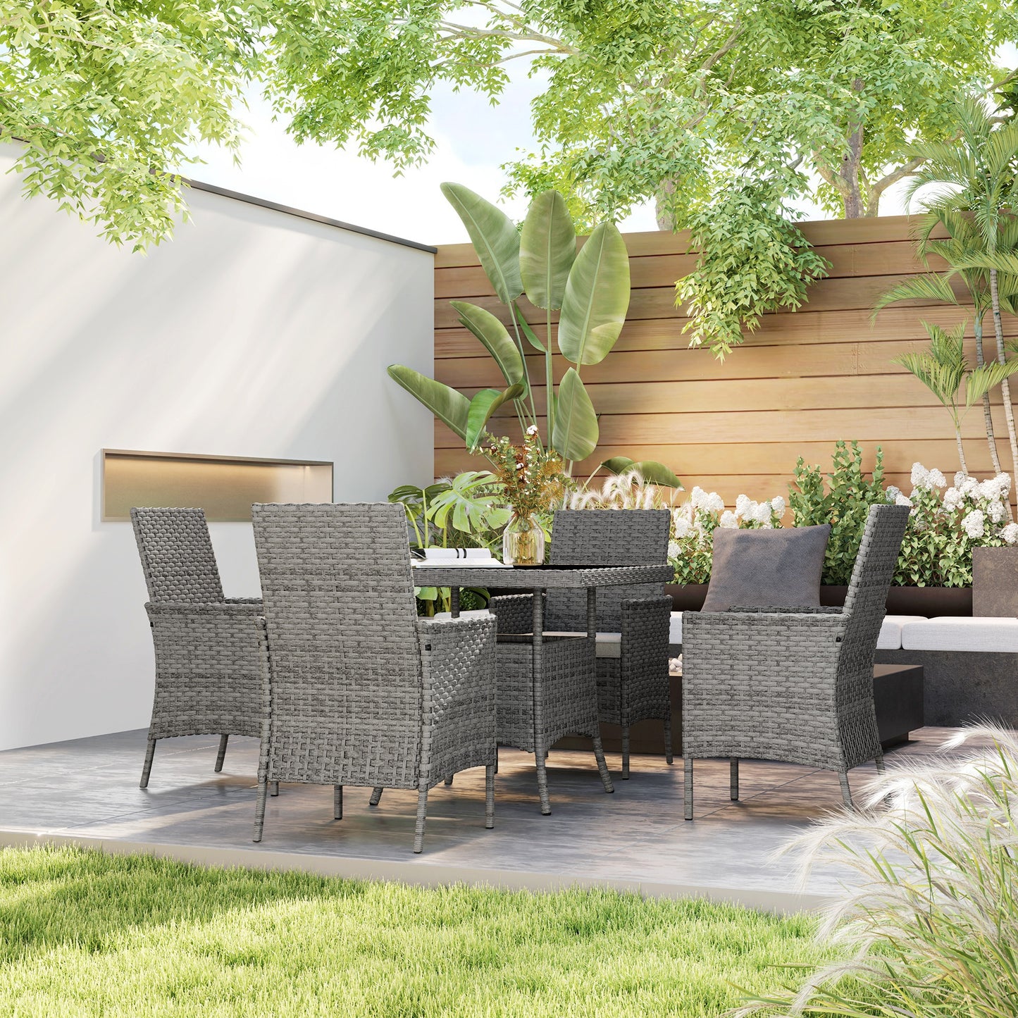 Outsunny Rattan Garden Furniture Set, Outdoor Dining Table and Chairs 4 Seater with Cushions, Square Tempered Glass Top, 4 Armchairs, for Balcony, Terrace, Conservatory, Grey