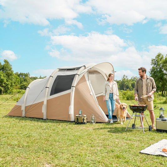 Outsunny Inflatable Camping Tent w/ Air Pump, Easy Setup 2-3 Person Blow Up Tent, Khaki