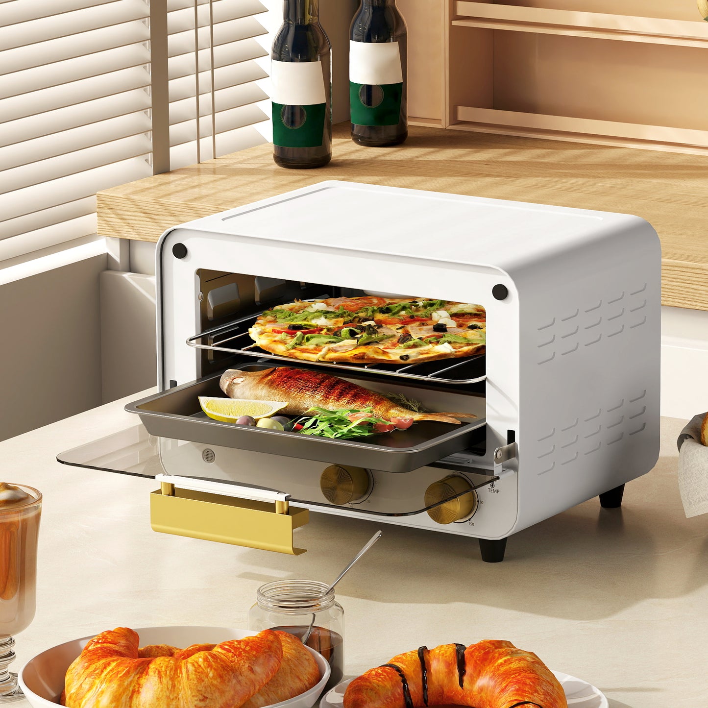 HOMCOM Small Toaster Oven, 12L Multifunction Mini Countertop Oven with Glass Door, Adjustable Temperature and Timer, White