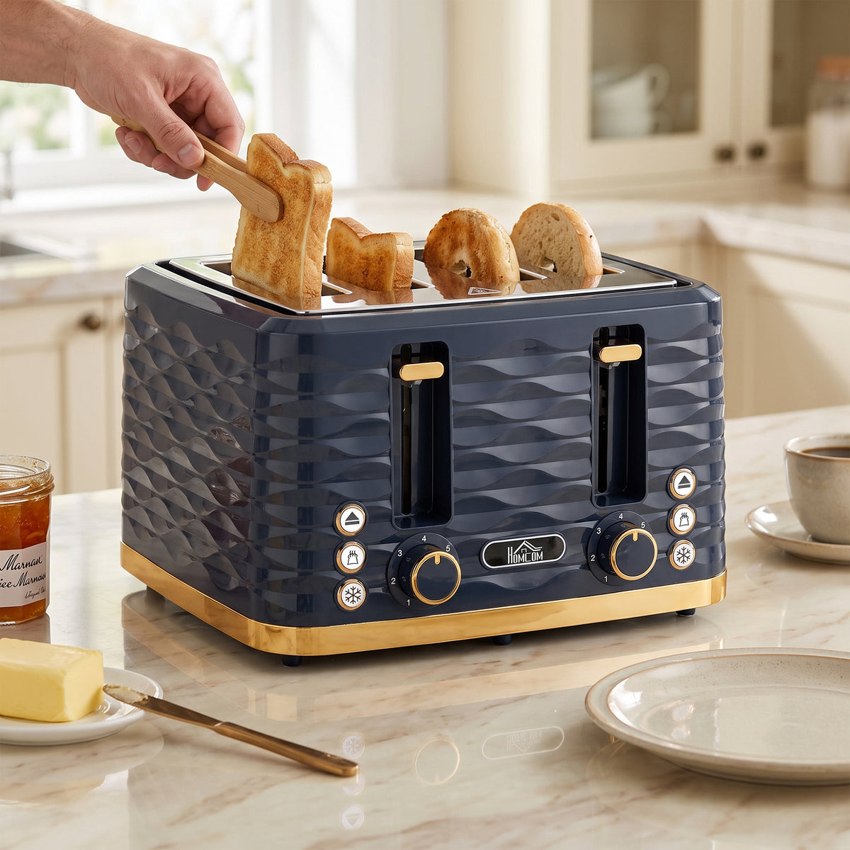 HOMCOM Toaster, Toaster 4 Slice with 7 Browning Levels, High Lift, Reheat/Defrost/Cancel, Dark Blue