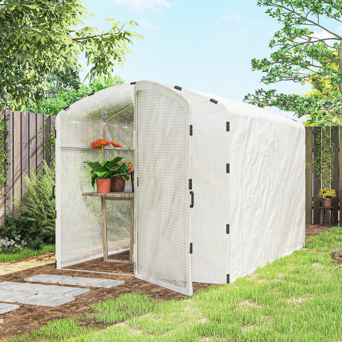 Outsunny Polytunnel Greenhouse Walk-in Grow House with UV-resistant PE Cover, Door and Galvanised Steel Frame, 3 x 2 x 2m, White