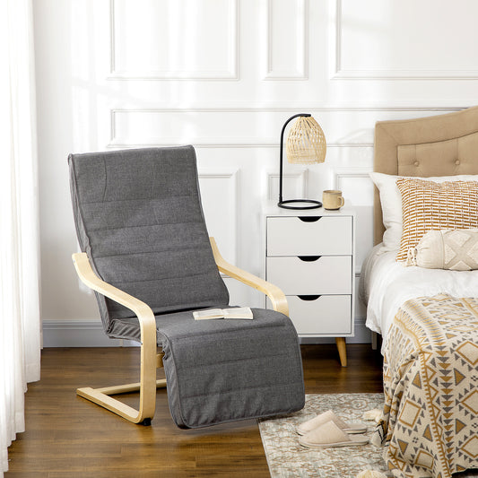 HOMCOM Wooden Armchair, Upholstered Linen Lounge Chair with Adjustable Footrest & Removable Cushion, Poang Chair for Living Room, Dark Grey