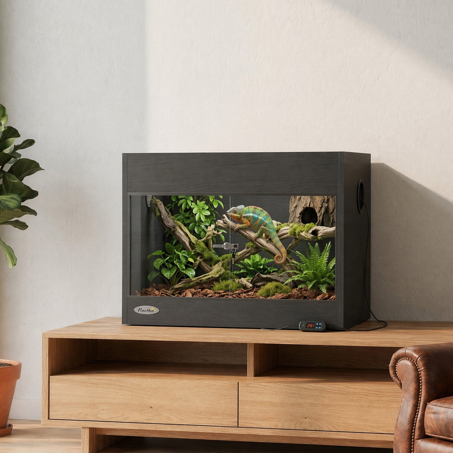 PawHut Reptile Terrarium, Reptile Vivarium with Glass Doors, Secure Lock, Top Ventilation for Snake, Gecko, 60x45x45cm, Black