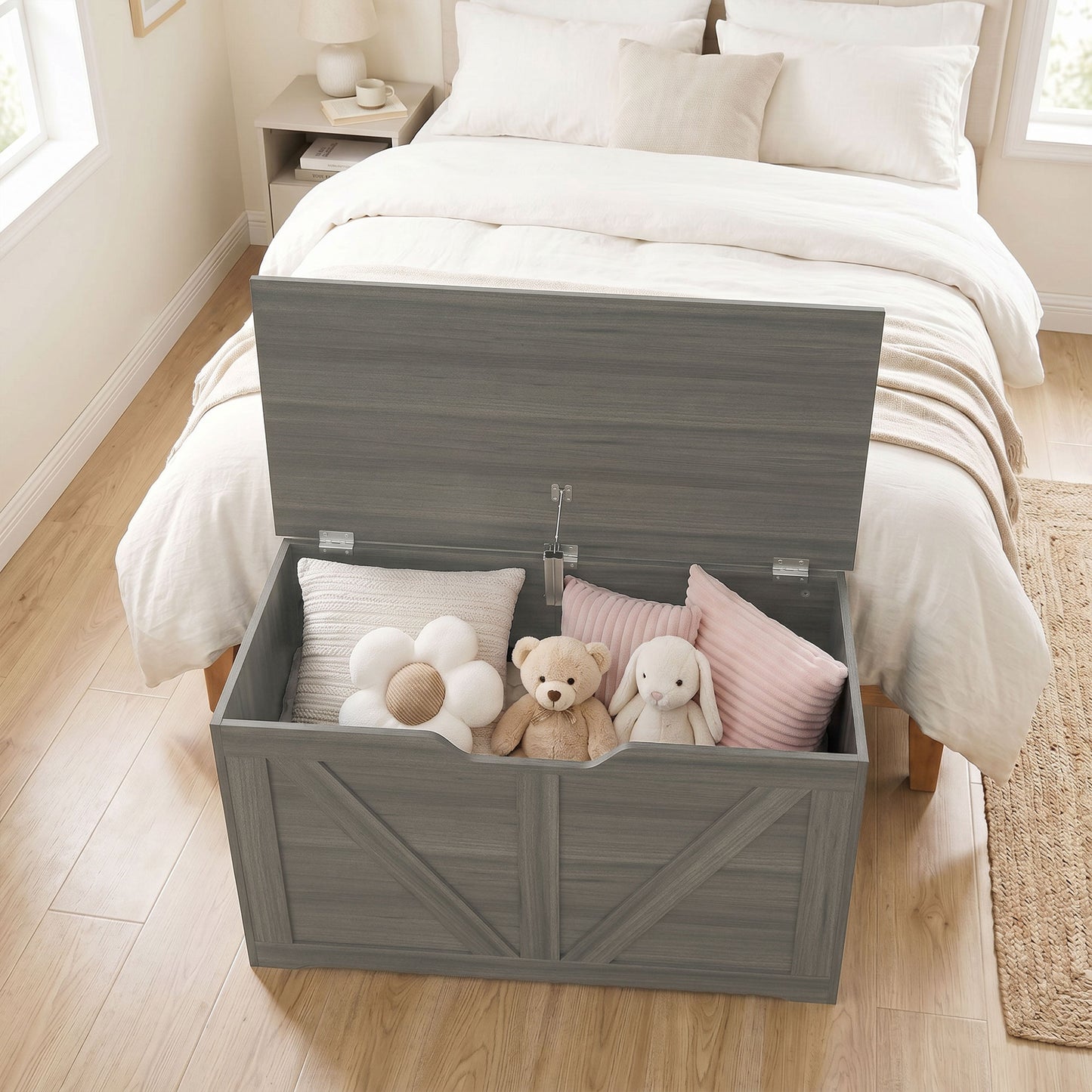 HOMCOM 100L Home Storage Box, with Safety Hinge - Dark Grey Wood-Effect
