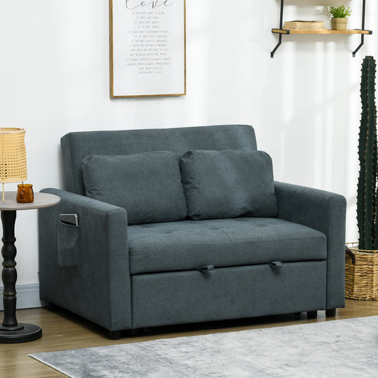 HOMCOM Loveseat Sofa Bed, Convertible Bed Settee with 2 Pillows, Side Pockets, Charcoal Grey