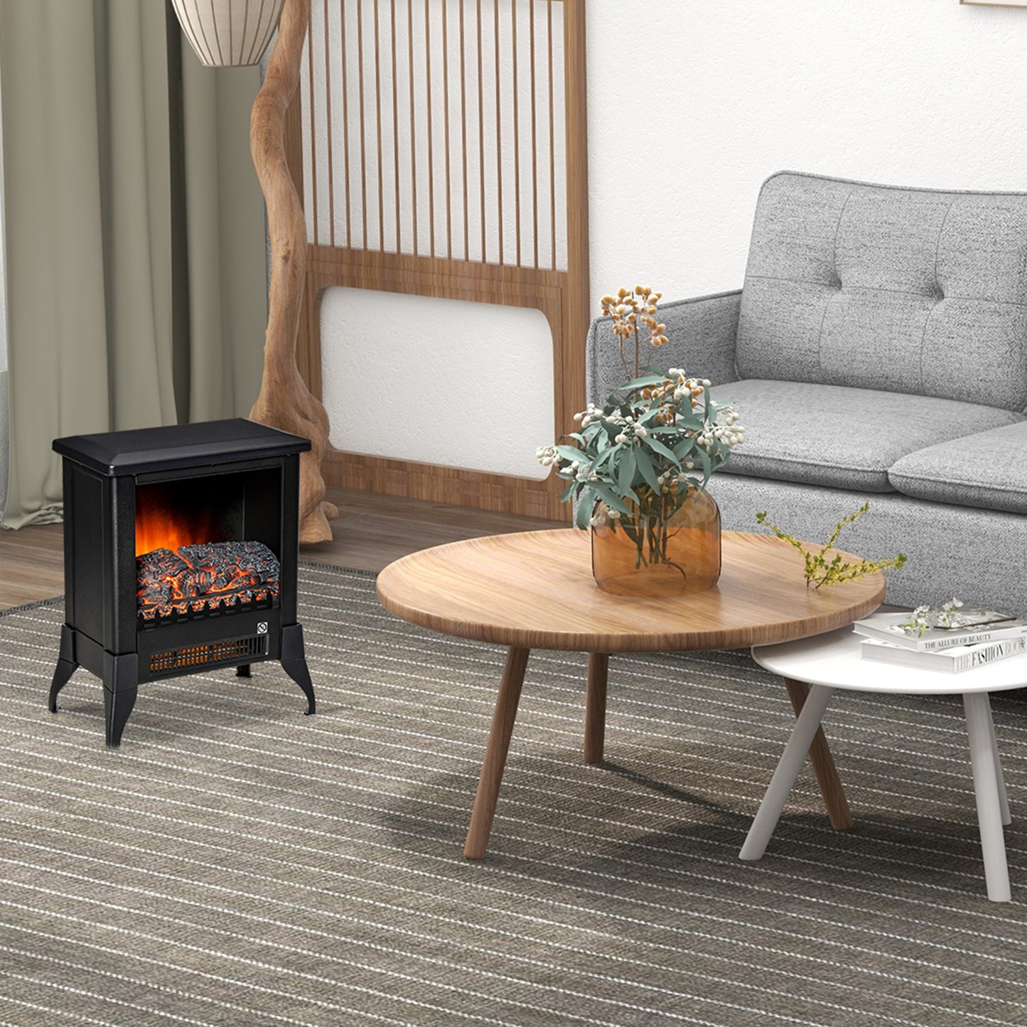 HOMCOM Electric Fireplace Stove, Free Standing Fireplace Heater with Realistic Flame Effect, Dual Power Settings (1800-2000W), Adjustable Temperature and Overheat Protection, Black