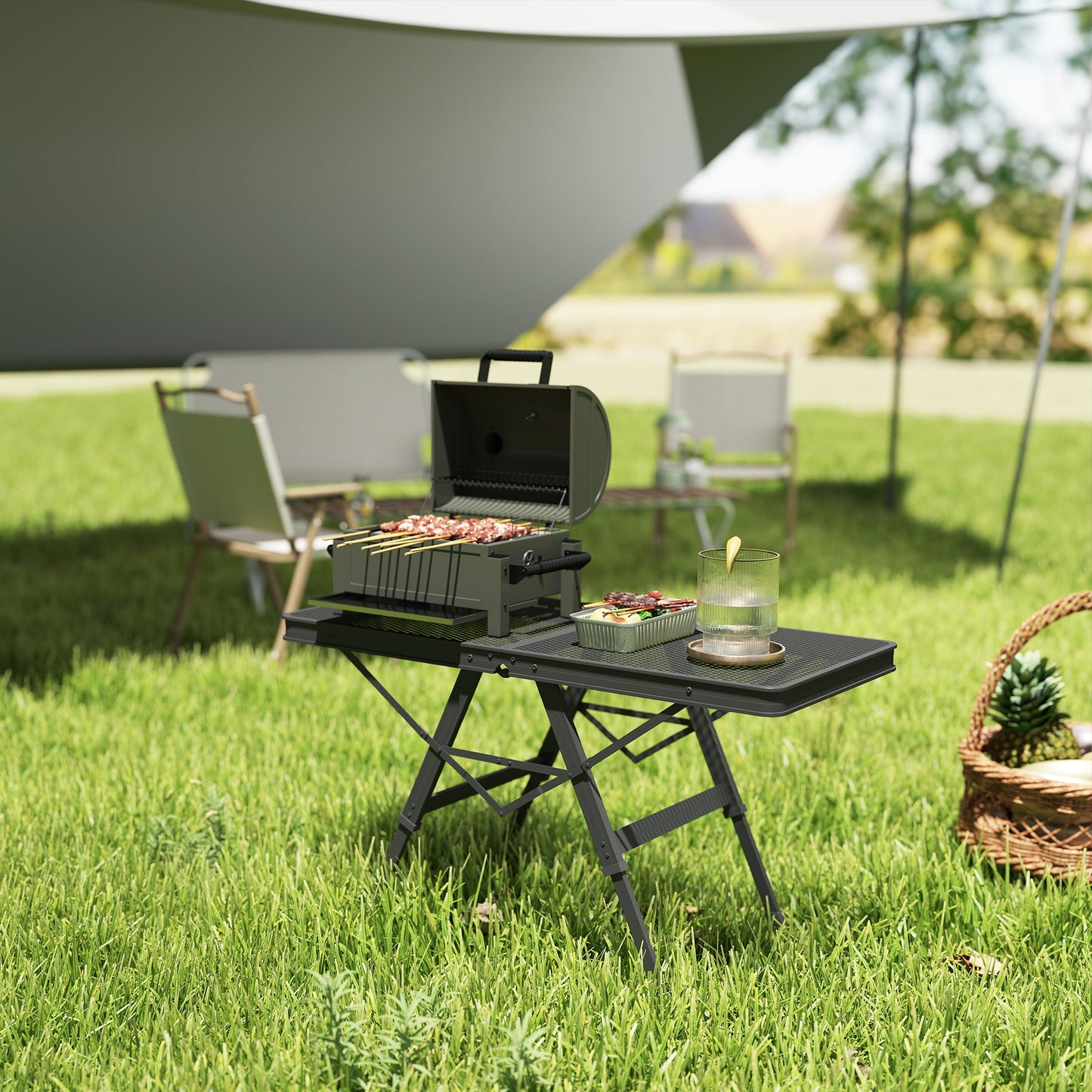 Outsunny 3 ft Folding Camping Table w/ Adjustable Heights, Portable Lightweight Outdoor Folding Picnic Table with Metal Mesh Desktop & Aluminium Legs for Picnic, Garden, Party, Black