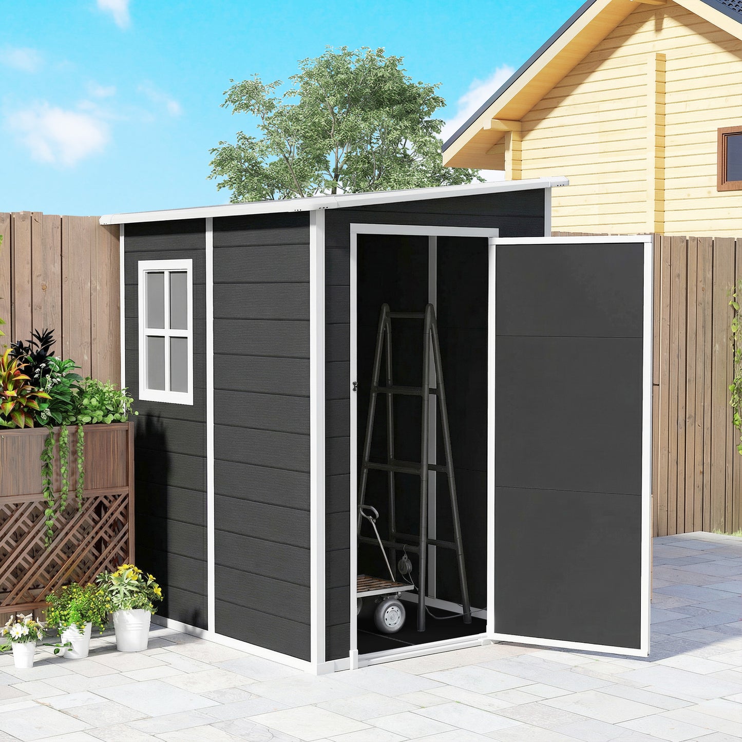 Outsunny 4'x5' Garden Storage Shed, Lean to Shed, Lockable Garden Shed with Window, Vent and Plastic Roof, Black