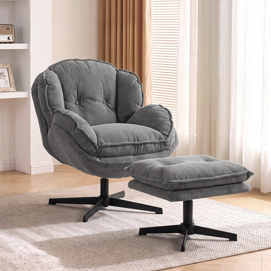 HOMCOM Armchair with Adjustable Footstool, 360° Swivel Chenille Cloud Accent Chair with Thick Cushion, Steel Base, Grey