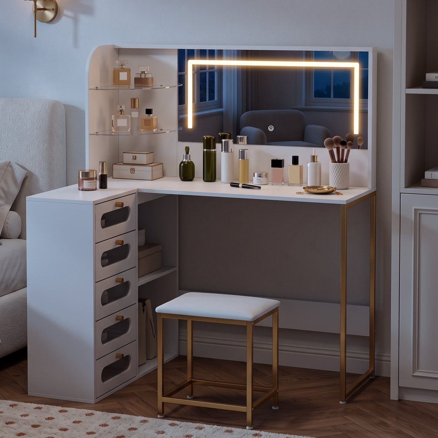 HOMCOM Dressing Table with LED Mirror and Stool, L-Shaped Vanity Desk with Drawers and Shelves, White