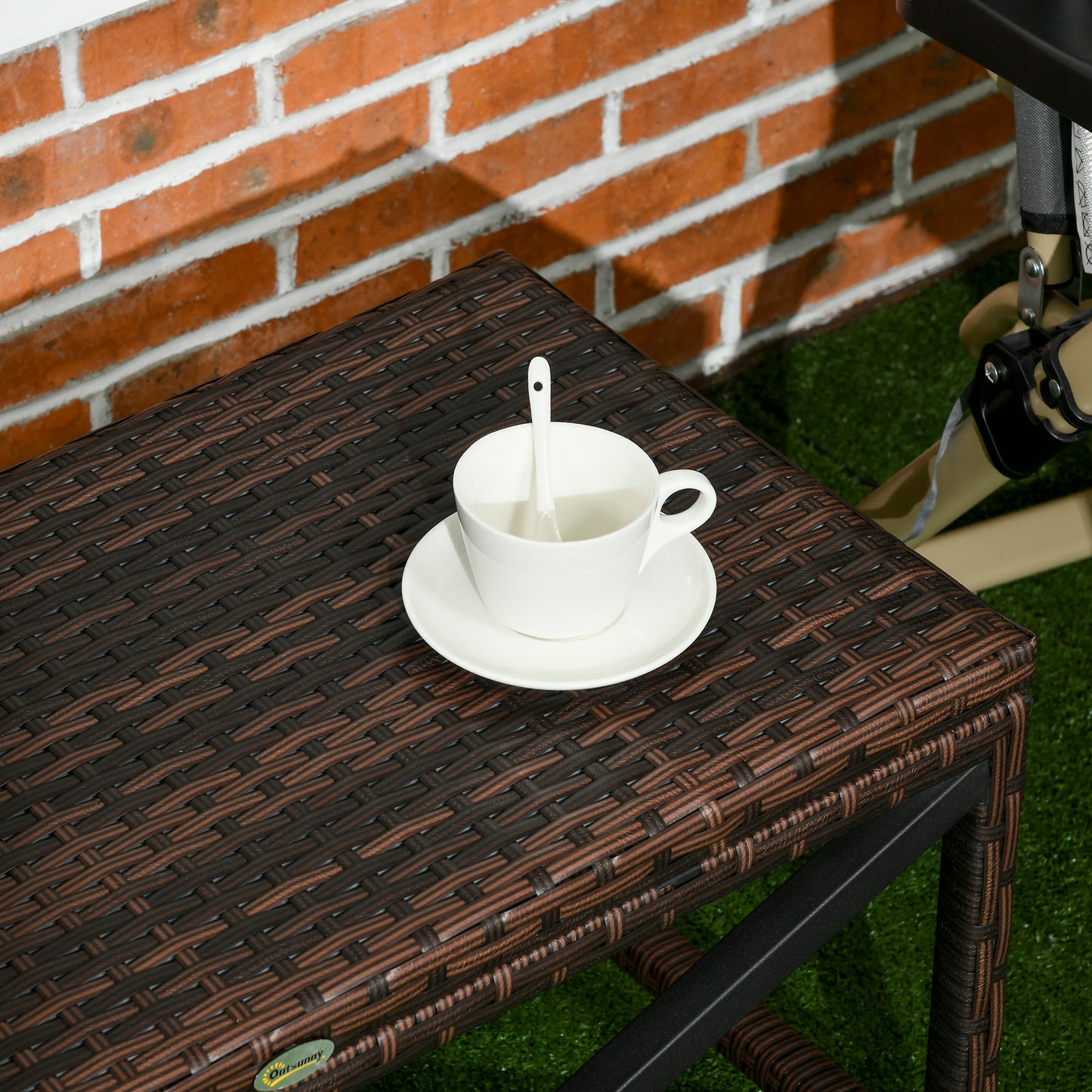 Outsunny PE Rattan Garden Side Table, Outdoor Coffee Table with X-Shape Frame, Mixed Brown