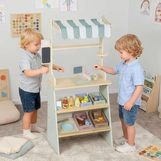 AIYAPLAY Wooden Toy Shop, Wooden Market Stall with Cash Register, Blackboard and Toy Food, 4 Storage Boxes, Ages 3+, Green