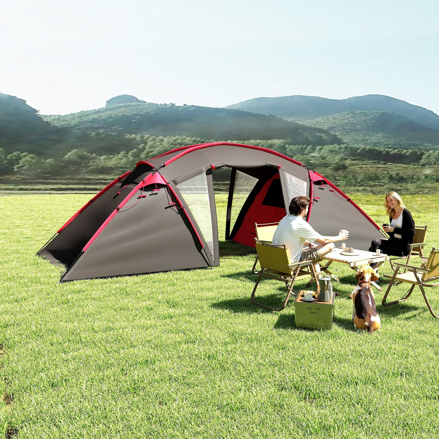 Outsunny 4-6 Man Family Camping Tent w/ 2 Bedrooms and a Living Room, Waterproof Tunnel Tent w/ Sewn In Groundsheet, Doors, Windows, Carry Bag, Grey