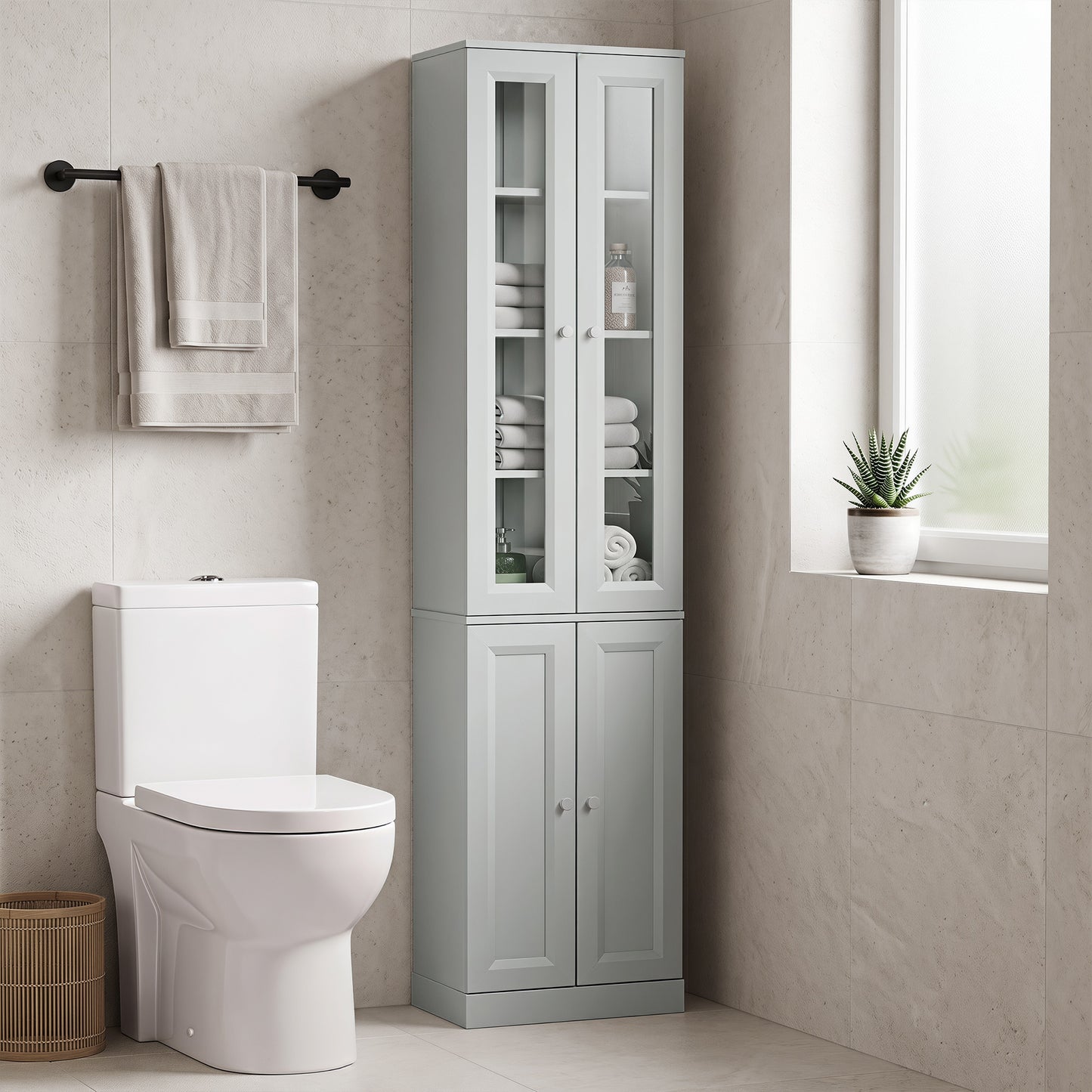 HOMCOM Tall Bathroom Storage Cabinet, 6-Tier Slim Bathroom Cabinet with Adjustable Shelf, 4 Soft-Close Doors, Dusty Blue