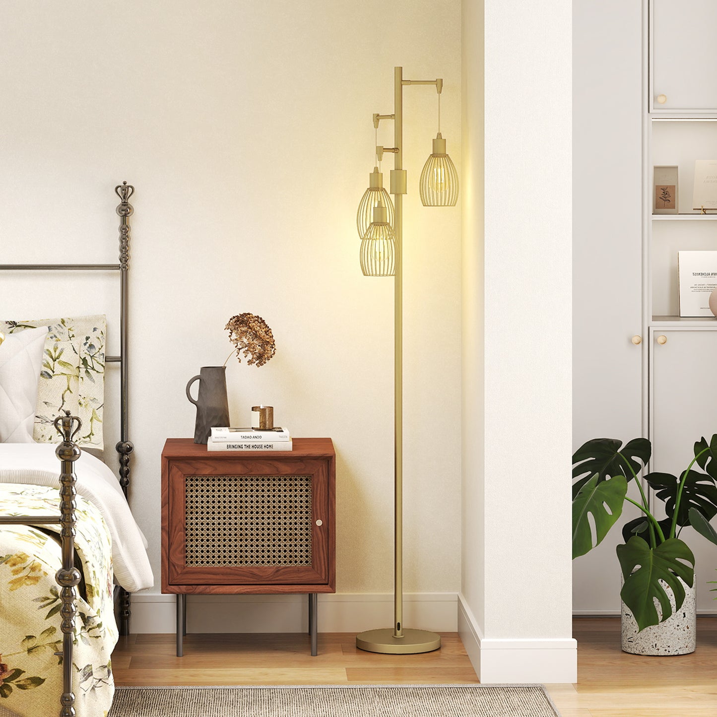 HOMCOM 3-Light Floor Lamp, 170cm Industrial Dimmable Standing Lamp with Steel Wire Cage Lampshades for Living Room, Bedroom, Dining Room, Study, Bulb Not Included, Gold Tone