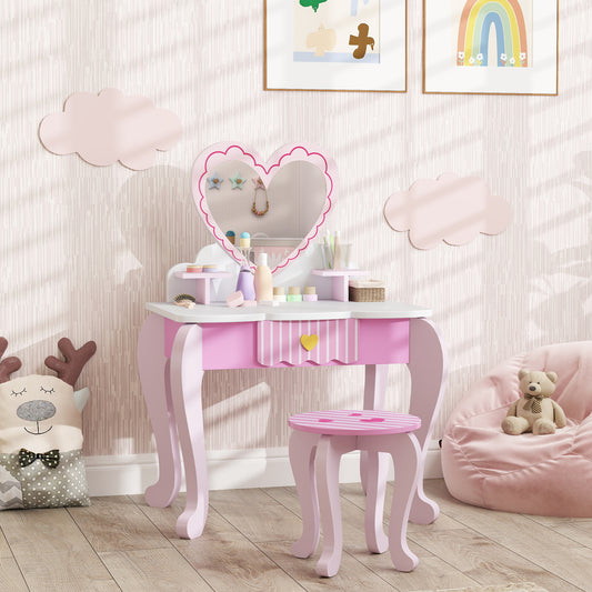 AIYAPLAY Kids Dressing Table Set, Vanity Table with Stool, Mirror, Drawer, Desktop Storage, Heart Theme, Pink-Bedroom Vanities-ChewyGames-ChewyGames