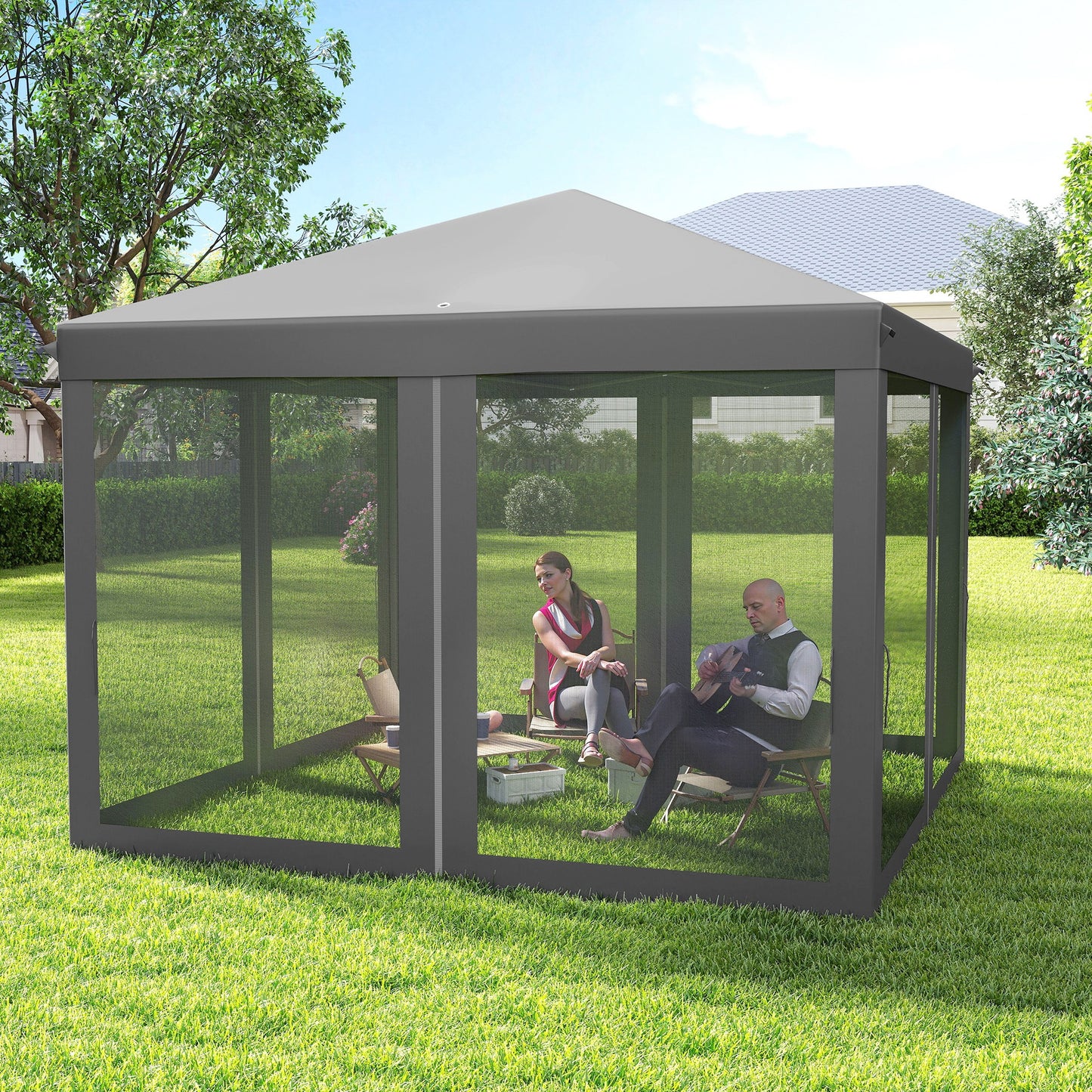 Outsunny 3 x 3 m Pop Up Gazebo, 420D Garden Tent Canopy with Removable Mesh Sidewall Netting, Carry Bag for Garden Patio Outdoor, Light Grey