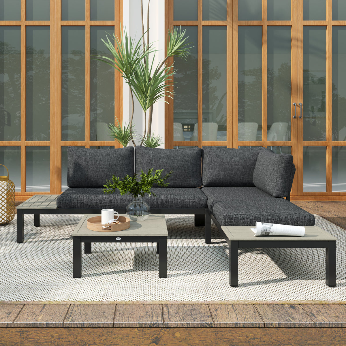 Outsunny 3 Pieces Garden Furniture Set, Aluminium 4 Seater Corner Sofa Set with 2 Loveseats, Coffee Table and Side Trays, Outdoor Conversation Furniture with Cushions for Garden, Dark Grey