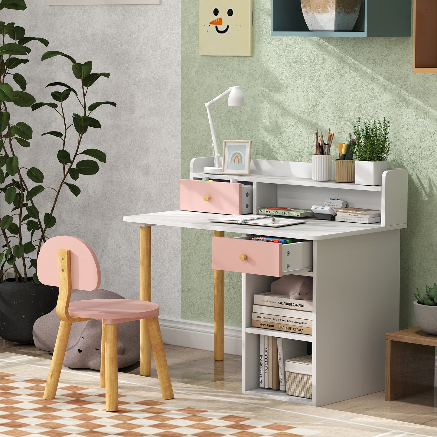 AIYAPLAY 2 Pieces Children Study Table with Hutch, Kids Desk and Chair Set with Storage, Drawer, Shelves, Pink